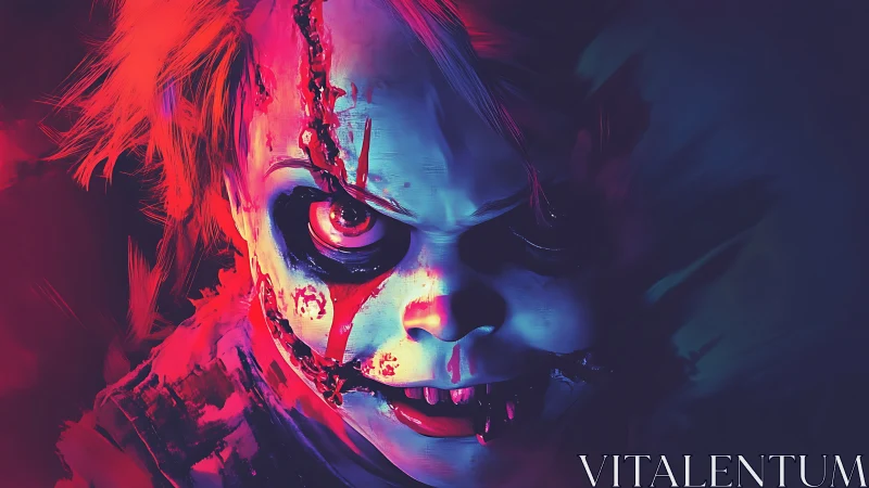 Neon nightmare doll grinning through bruised midnight glow.