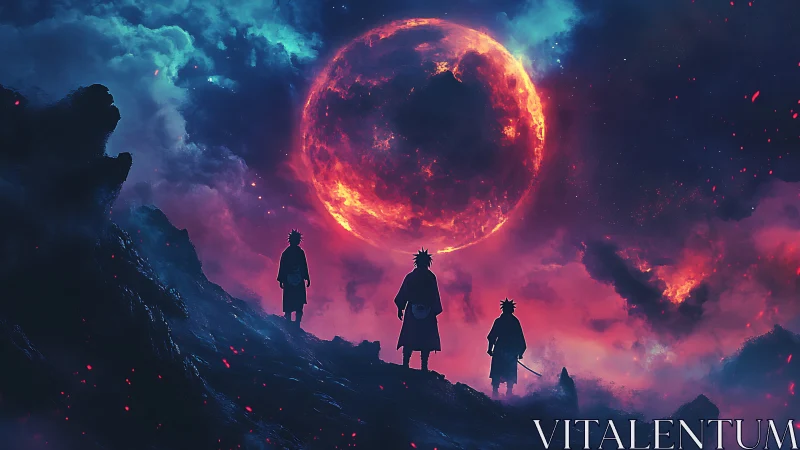 Three silhouetted figures observe a luminous red celestial body