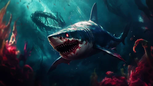 Demonic deep-sea shark glides through bloody abyssal waters.