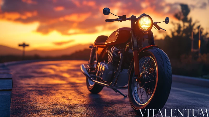 Glowing motorcycle enjoys a quiet ride at colorful sunset