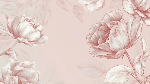 Pink peony flowers rendered with line work on pale background