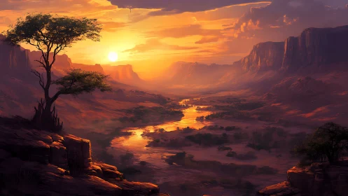 Sunlit desert canyon river glows under blazing sunset sky.