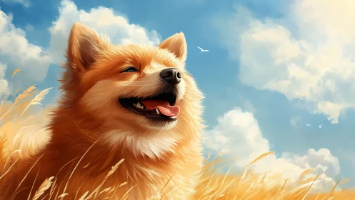 Shiba Inu type dog in grain field under blue sky.