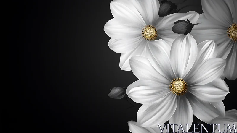 White daisies with golden centers on dark background.