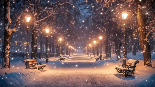 Snowlit park promenade under lanterns of quiet fire.