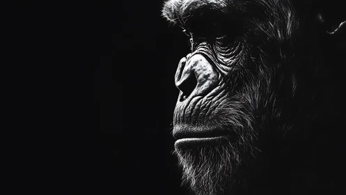Solemn chimpanzee profile emerges from deep black shadows.