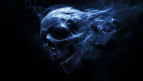 Translucent blue skull rendered as dispersing smoke form