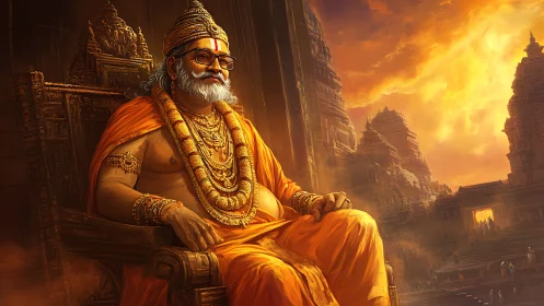 Elderly sage king sits in golden light above ancient temples