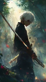 White-haired anime swordsman with katana in misty forest