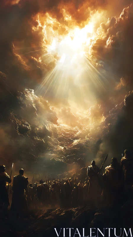 Armored warriors stand beneath intense radiant sky breach
