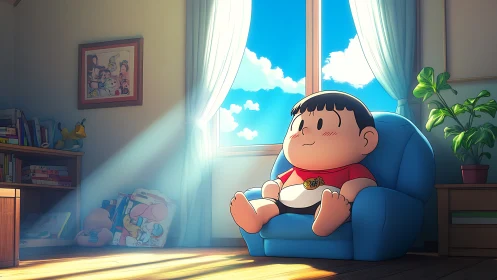 Sunlit cartoon child relaxing in cozy blue armchair interior.