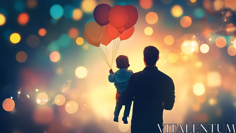 Father and Child Holding Red Heart Balloons at Sunset.