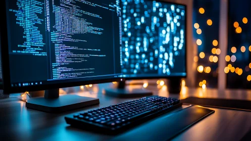 Evening coding workstation with dual bokeh-lit monitors.