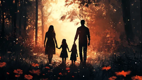 Silhouetted family figures walking through illuminated forest with fire glow