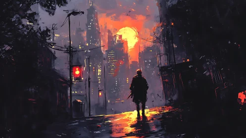 Lone wanderer on neon-soaked street at burning dusk skyline.