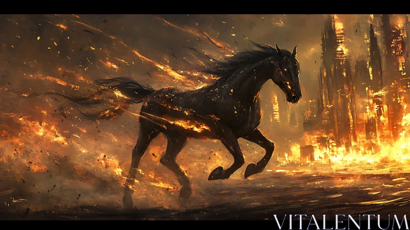 Fire-scarred midnight stallion sprints through a burning city