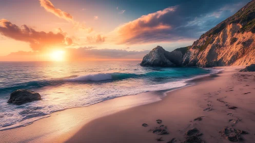 Sunset light washes rocky cove and smooth shoreline