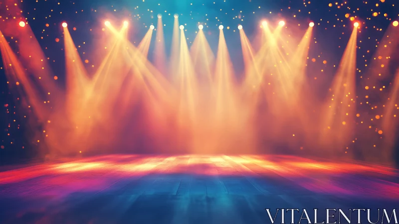 Spotlight-splashed stage glowing in warm cosmic haze.