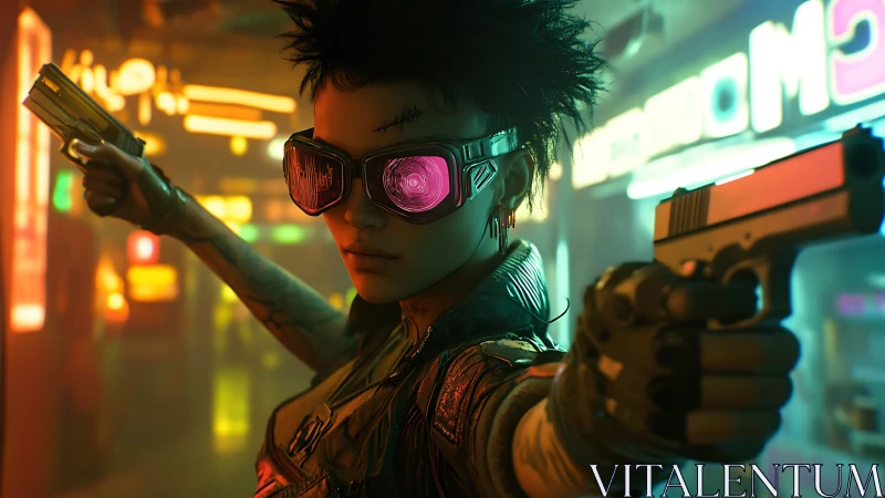 Neon renegade locks targets in a humming cyberpunk alleyway.