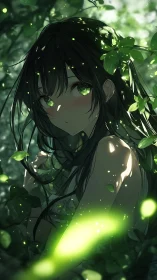 Forest girl glows with emerald eyes and firefly light.