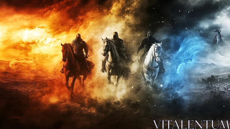 Elemental apocalyptic riders charging through triptych stormfield