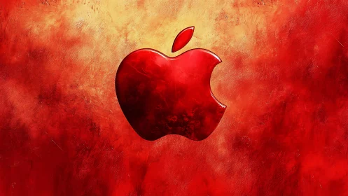 Glossy red apple emblem over fiery textured backdrop.