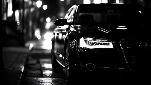 Nocturnal urban sedan with LED optics in high-contrast bokeh.