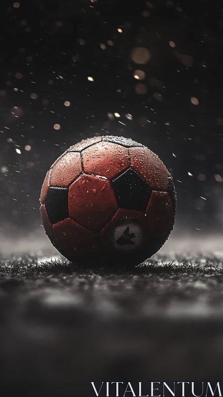 Weathered red football under stadium rain in dramatic bokeh