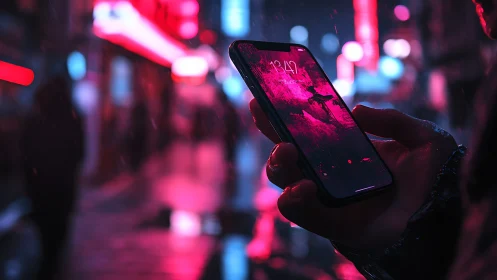 Smartphone held in neon lit rainy urban street at night.