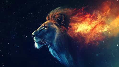 Celestial lion profile with flaming spectral mane in space
