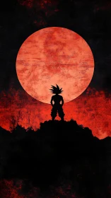 Warrior silhouette dominates red lunar horizon under glare.