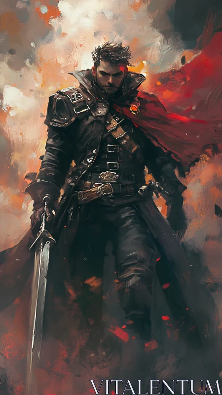 Digital painting of armored swordsman in cinematic flamescape.