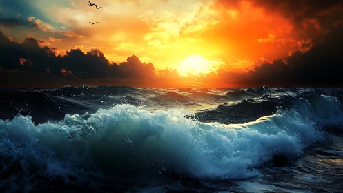 Glowing sunset sinks gently into rolling, powerful ocean waves