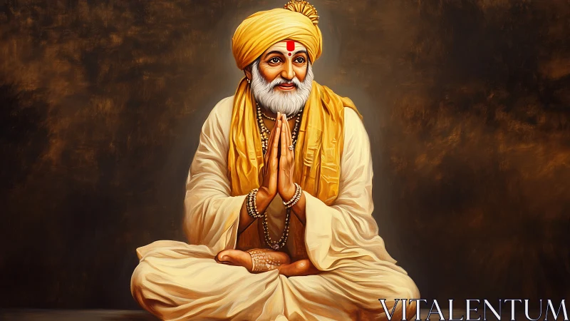 Digital painting of serene seated guru in warm ochre drapery.