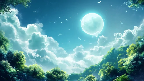 Luminous Moon Over Forest Canopy with Cloud Sky