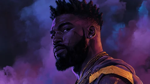 Neon-lit warrior portrait against moody purple smoke clouds.