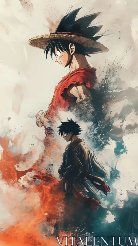 Two determined warriors rise through swirling fire and mist