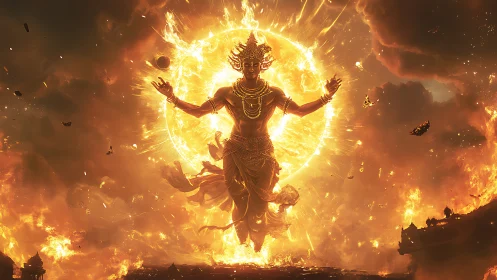 Deity-like humanoid figure aligned with solar energy disc