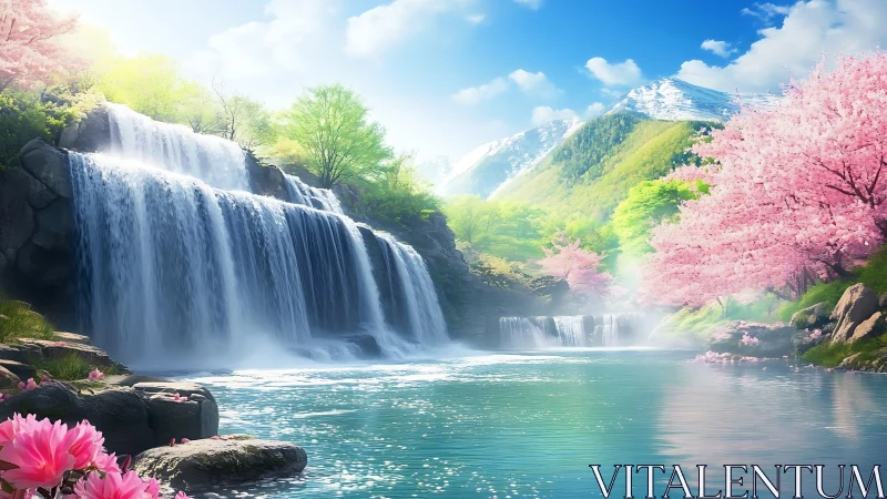 Serene tiered waterfalls flow beneath pink cherry blossoms.