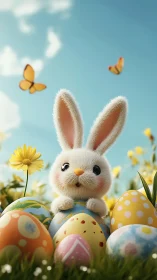 Fluffy 3D Easter bunny nestled among decorated pastel eggs
