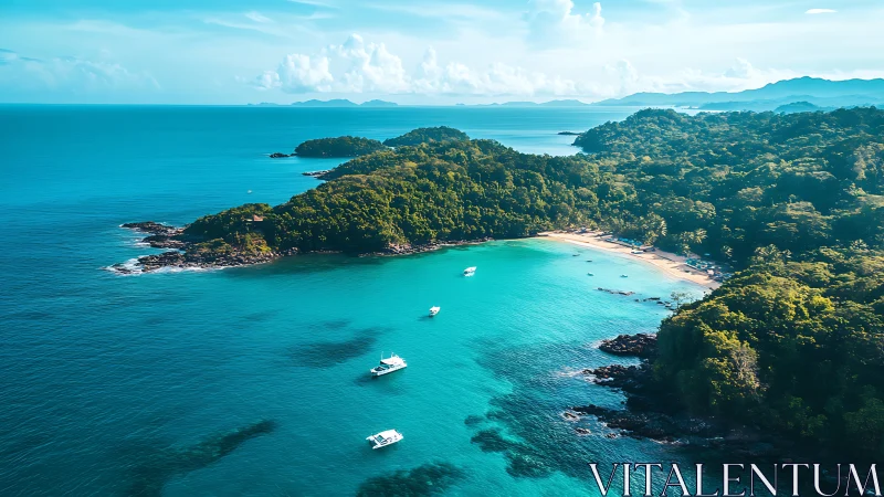 Tropical archipelago aerial view with moored vessels.