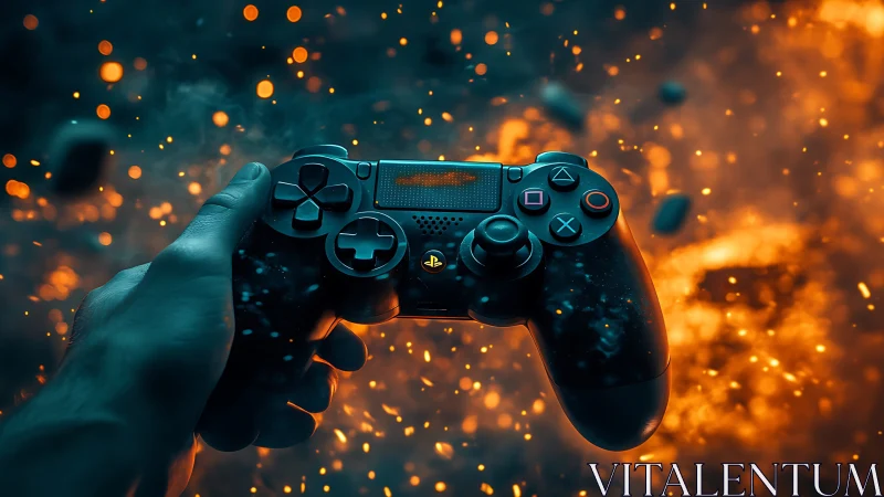Hand holding game controller amid orange particle field.