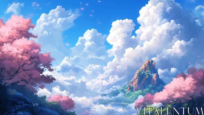 Mountain peak rises above clouds amid vivid cherry blossoms