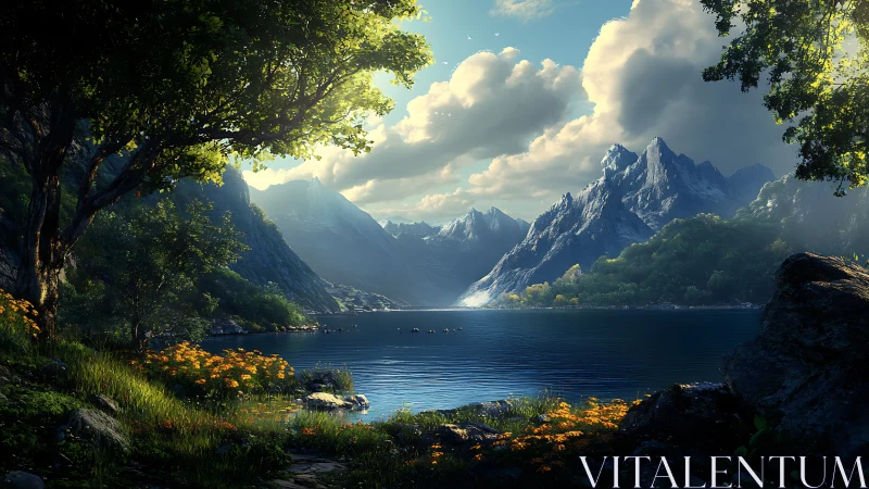 Morning light gently embraces a tranquil mountain lake