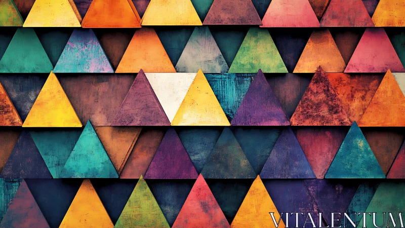 Geometric grid of multicolored triangular prisms on panels.