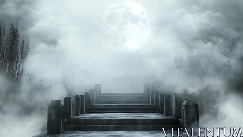 Foggy stone bridge under full moon in eerie gray landscape.