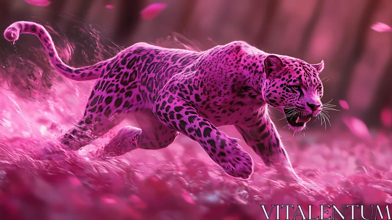 Magenta-rendered leopard in motion across saturated chromatic field