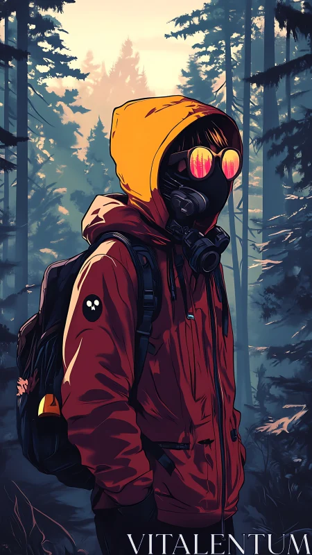 Hooded wanderer in gas mask with neon visor in misty forest.