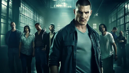 Brooding prison corridor crew under cold neon glare.