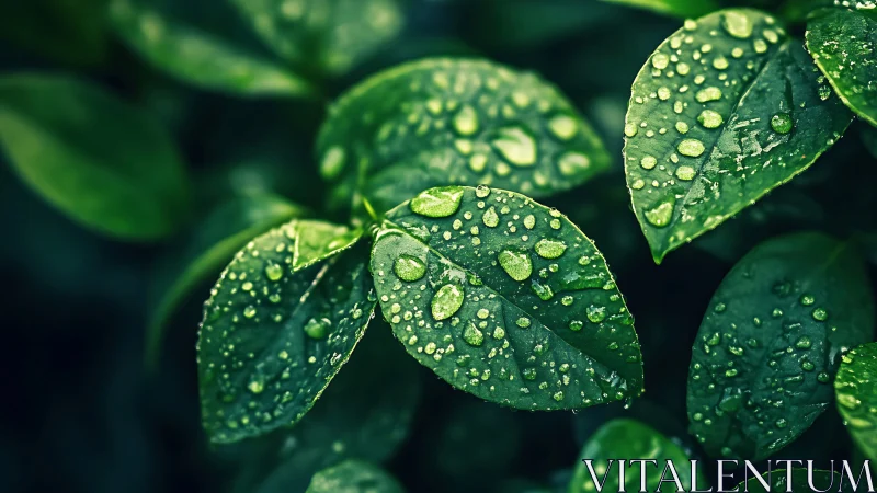 Close-up view of wet green leaves with visible water drops.